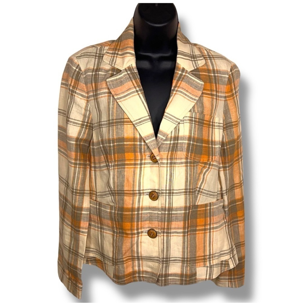Size 6 Petite Kasper Linen Plaid Blazer Yellow Orange Brown Button Front